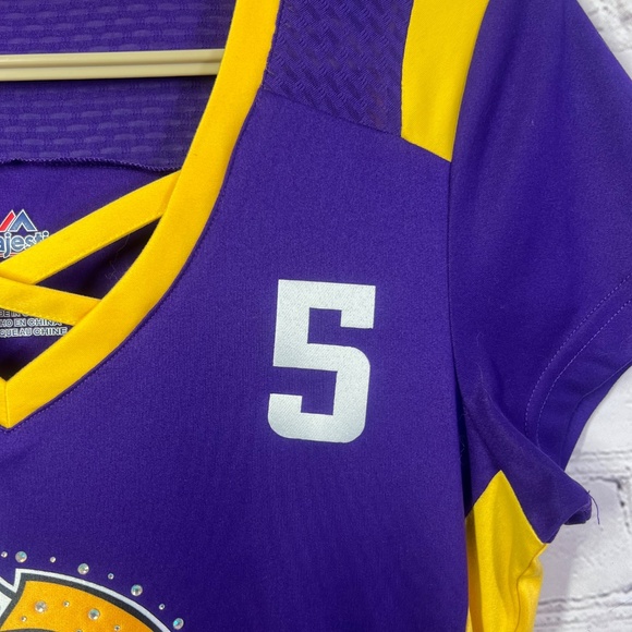 NWOT |•MAJESTIC•| Minnesota Vikings Bridgewater 5 V-Neck Rhinestone Top Size S - Picture 4 of 9